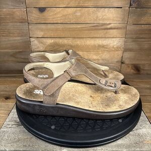 SAS Womens Size 9.5 M Marina Thong Hook & Loop Brown Casual Sandals Strappy
